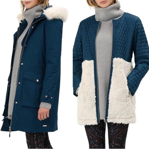 XS Sweaty Betty 3 In 1 Navy Blue Parka Hooded Winter Coat - Picture 1 of 9